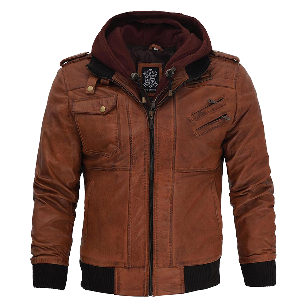 Edward Mens Brown Leather Bomber Jacket With Hood 1 Mens Brown Leather Bomber Jacket With Hood