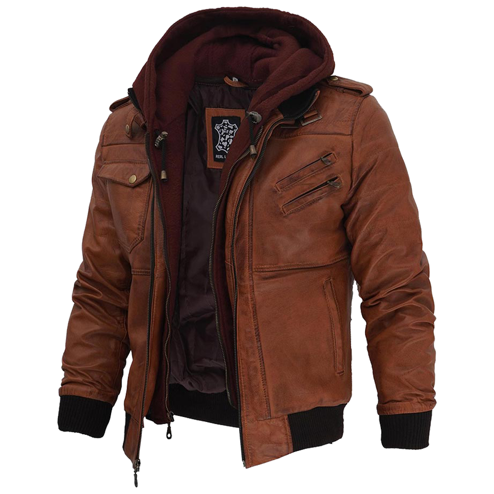 Edward Mens Brown Leather Bomber Jacket With Hood 2 Mens Brown Leather Bomber Jacket With Hood