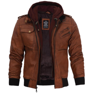 Mens Brown Leather Bomber Jacket With Hood