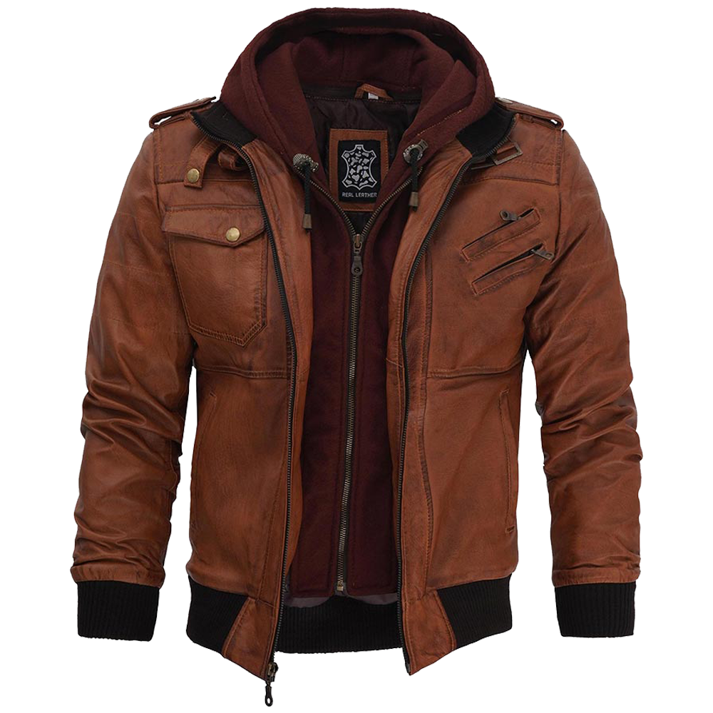 Edward Mens Brown Leather Bomber Jacket With Hood 5 Mens Brown Leather Bomber Jacket With Hood