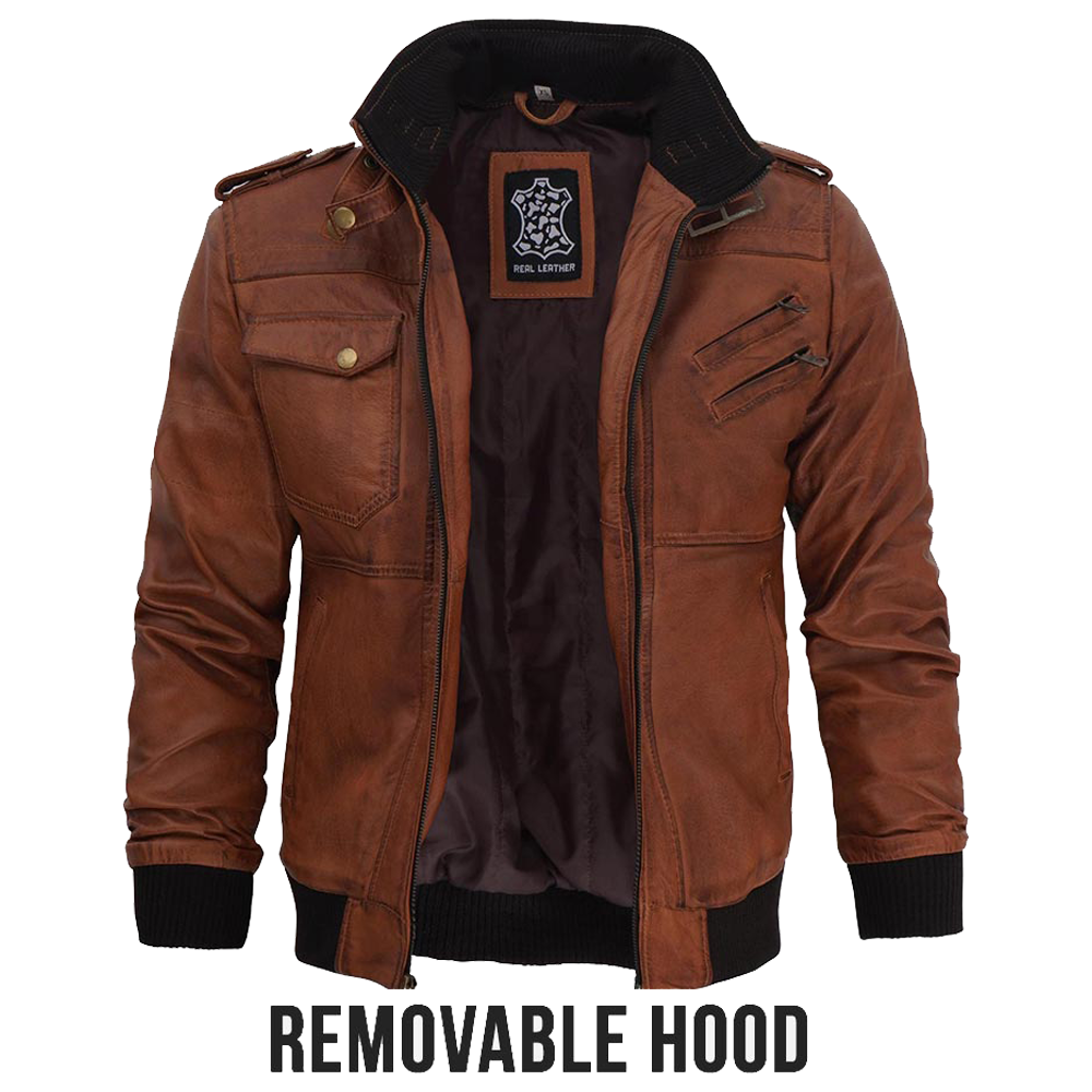 Edward Mens Brown Leather Bomber Jacket With Hood 6 Mens Brown Leather Bomber Jacket With Hood