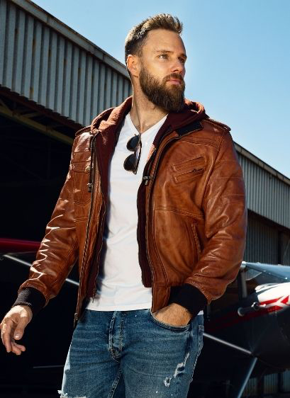 Edward Model 1 Mens Brown Leather Bomber Jacket With Hood