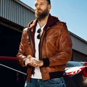 Mens Brown Leather Bomber Jacket With Hood