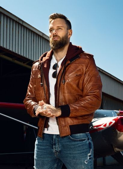 Edward Model Mens Brown Leather Bomber Jacket With Hood