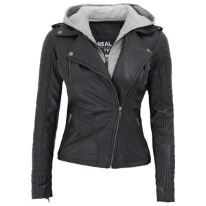 black leather jacket with hood for women
